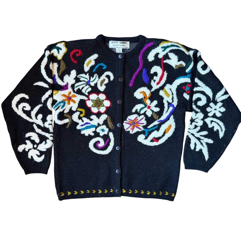 VTG Kitty Hawk Vivian Wang Floral Embroidered Knit Cardigan Medium Black Novelty